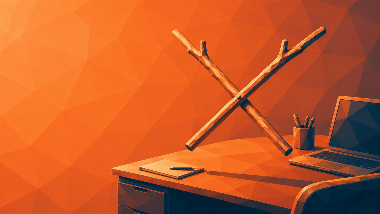 divining rods crossing above an office desk.