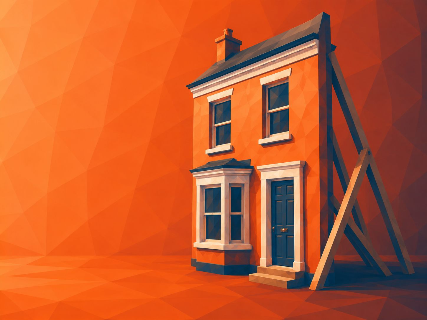 a house facade seen at an angle showing bare props behind.