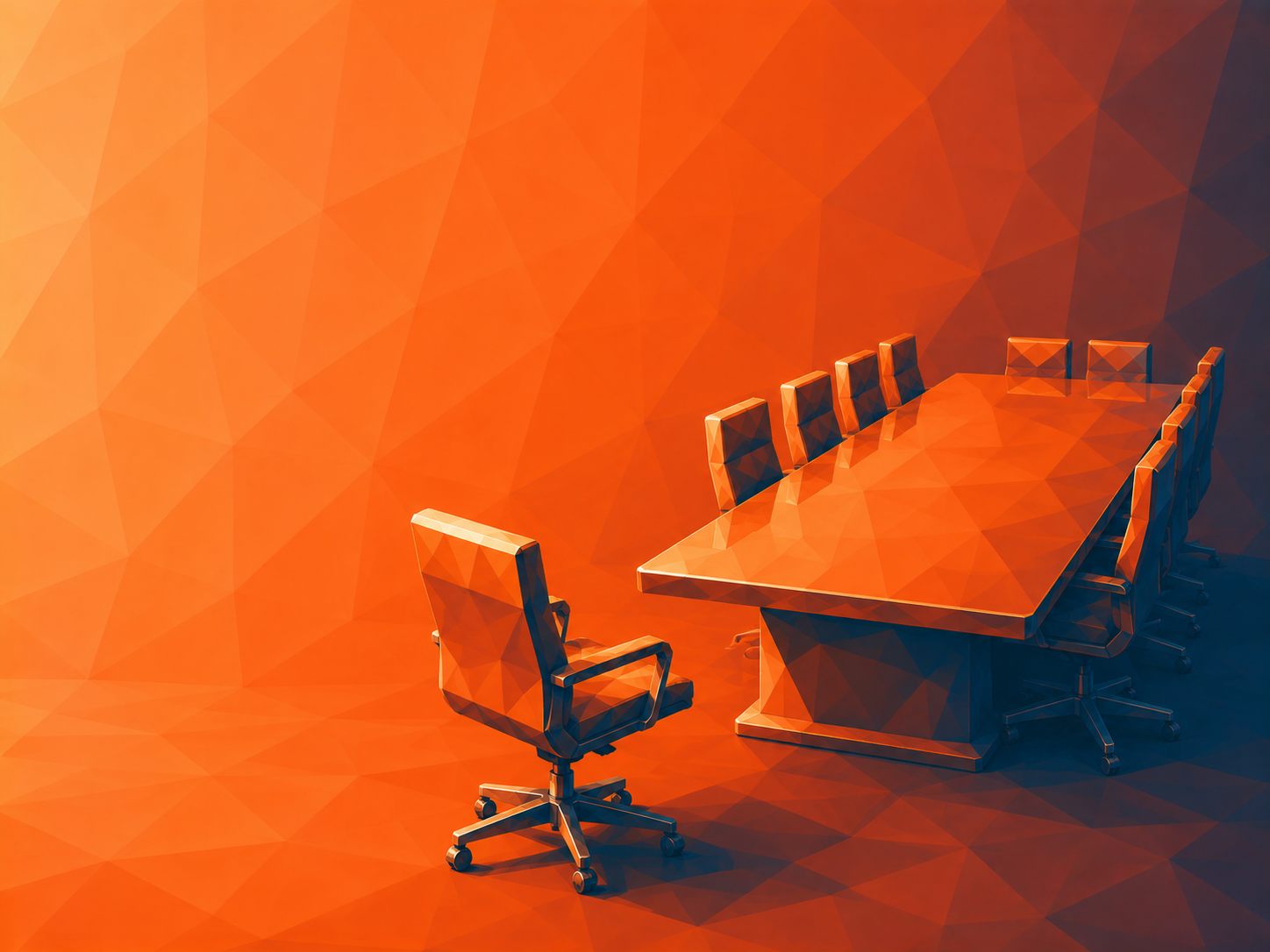 a boardroom table with one chair pulled out.
