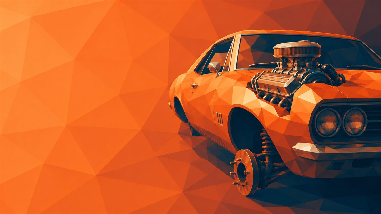 a classic car with a new engine and an empty brake hub.